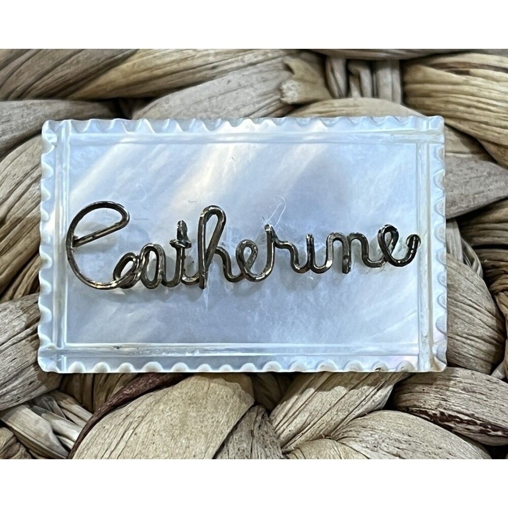 VTG Carved Mother of Pearl Shell Pin Brooch Gold Filled Wire Name Catherine - Picture 1 of 9